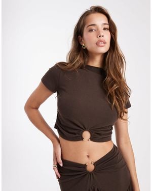 4th & Reckless Double Layered Slinky Slash Neck Gold Ring Hardware Detail Crop Top Co-ord - Brown