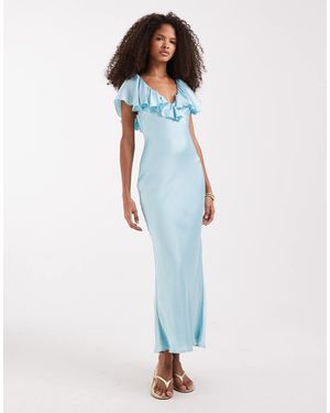 Pretty Lavish Ruffle V-neck Textured Satin Midaxi Dress - Blue
