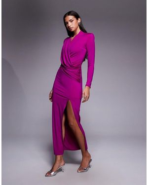 TFNC London Vestido Largo Morado De Manga Larga Con Parte Superior Cruzada Y Drapeada De