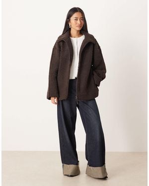 Gina Tricot Pile Zip Up Shacket Jacket - Brown