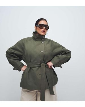 ASOS Asos Design Curve Funnel Neck Tie Belt Trench Coat - Green