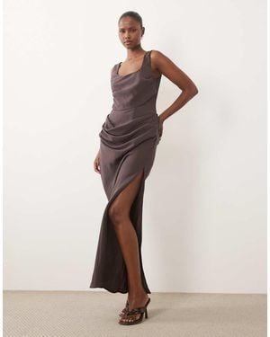 ASOS Square Neck Draped Bodice And Waist Detail Maxi Dress With Side Split - Natural