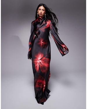 DASKA Vestido Largo Estampado Con Mangas Acampanadas De Satén De - Multicolor