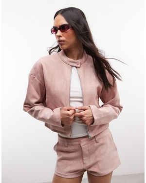 CERNUCCI Chaqueta Biker Corta Rosa Polvoriento De Antelina Suave (Parte De Un Conjunto)