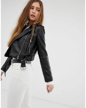 Bershka Cropped Faux Leather Biker Jacket - Black