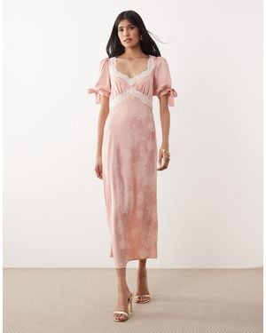 Hope & Ivy Satin Jacquard Lace Trim Tie Sleeve Midi Dress - Pink