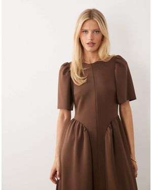 Y.A.S Fitted Bodice Puff Sleeve Maxi Dress - Brown
