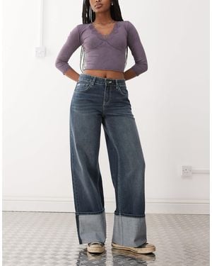 The Ragged Priest Turn Up Hem Low Rise Baggy Fit Jeans - Blue