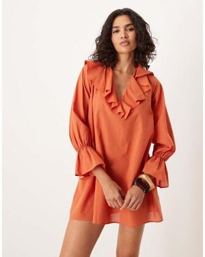 ASOS V Neck Ruffle Long Sleeved Mini Dress - Orange