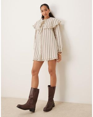 Neon Rose Striped Oversized Collar Mini Smock Dress - Natural