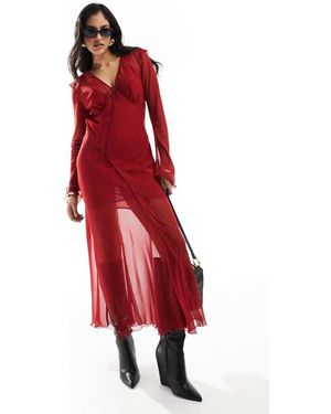 Mango V Neck Spot Print Midi Dress - Red