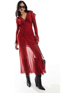 Mango Vestito Midi A Pois Con Scollo A V - Rosso