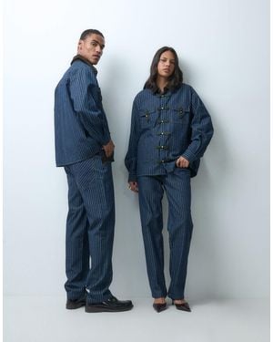 Sister Jane Unisex Libra Denim Collar Detail Long Sleeve Overshirt Set - Blue