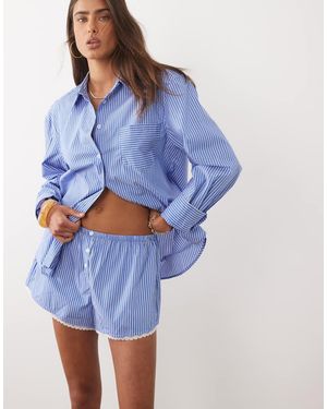 GOOD AMERICAN Gestreepte Boxershort Van Popeline Met Kanten Rand - Blauw