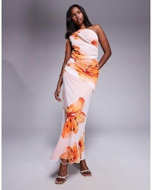 ASOS Mesh Channelled Tie One Shoulder Midi Dress With Slash Cut Out - Multicolour