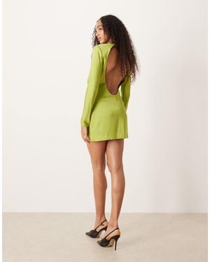 Mango Satin Open Back Long Sleeve Mini Dress - Green