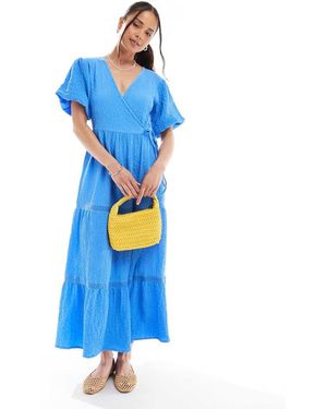 Wednesday's Girl Textured Wrap Detail Puff Sleeve Midi Dress - Blue