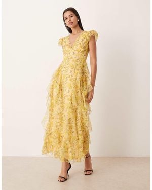 LACE & BEADS Tulle V-neck Ruffle Frill Detailing Midaxi Dress - Natural