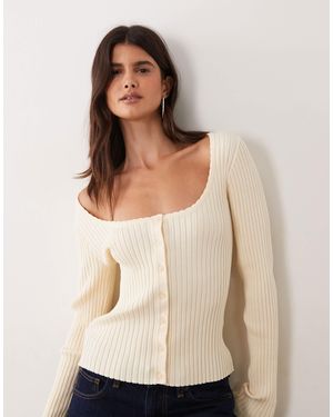 Miss Selfridge Rib Knit Scoop Neck Button Up Top - Natural