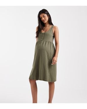 Mama.licious Vestido Veraniego Corto Caqui Oscuro Abotonado Con Diseño Para Lactancia Doble De Mamalicious Maternity-Verde