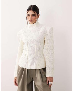 ARRANGE High Neck Lace Cinched Long Sleeve Top - Natural