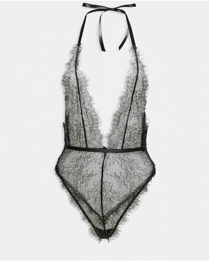 Bardot Leonora Lace Plunge Neck Ribbon Tie Bodysuit - White