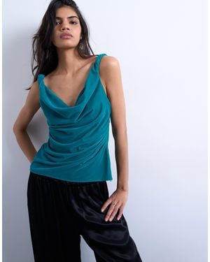 TOPSHOP Twist Shoulder Velvet Cami - Blue
