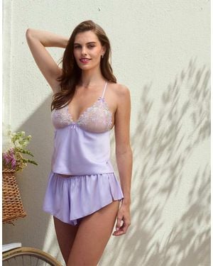 Boux Avenue Heather Short Cami Set Satin Embroidered Top And Shorts Pj - Purple