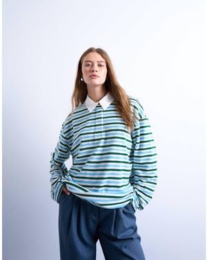 TOPSHOP Towelling Stripe Polo Shirt - Blue
