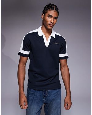 BOSS - T-shirt en coton et soie avec panneau avant en maille torsadée - Bleu foncé