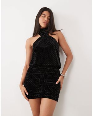 Ruched & Ready Velvet Hotfixhigh Neck Detail Blouson Waist Mini Dress - Black