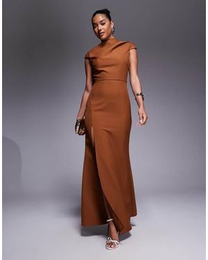 Jarlo High Neck Maxi Dress With Thigh Split - Brown