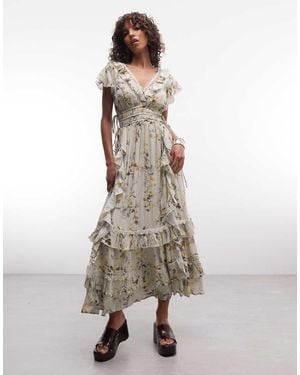 AllSaints Canto Ruffle Tiered Floral Midi Dress Pale - Green