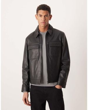 Mango Chaqueta Negra De Cuero Con Detalle De Bolsillo De - Gris