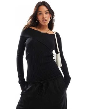 Style Cheat Asymmetric Rib Knit Bardot Top - Black