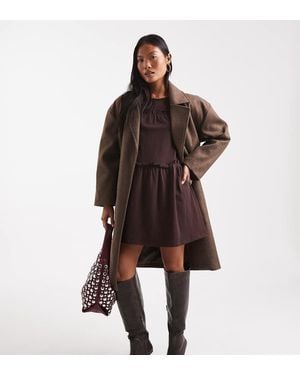 Brave Soul Petite Faux Wool Longline Belted Overcoat - Brown