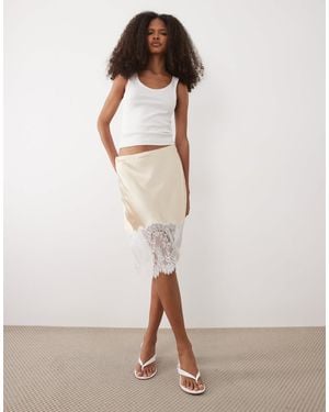 Mango Satin And Lace Knee Length Skirt - Natural