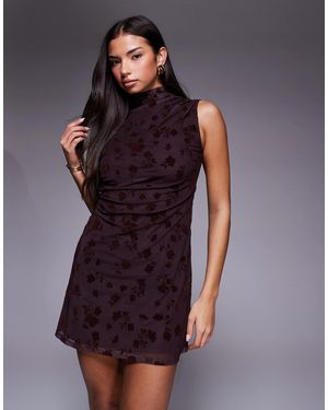 ASOS Flocked Floral Sleeveless Ruched Side Mini Dress With Grown On Neck - Purple