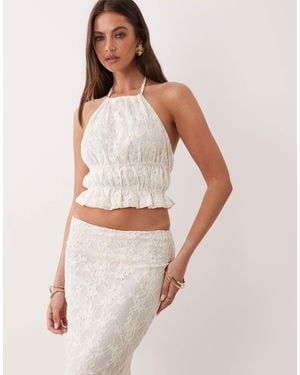 The Frolic Exclusive Lace Halterneck Shirred Detail Open Back Top - White
