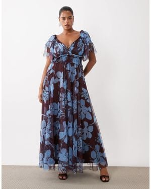 Lace & Beads Plus Tulle V Neck Flutter Sleeve Maxi Dress - Blue