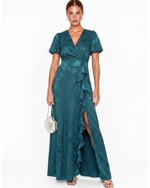 Maya Floral Jacquard Faxu Wrap Waterfall Ruffle Satin Maxi Dress - Blue