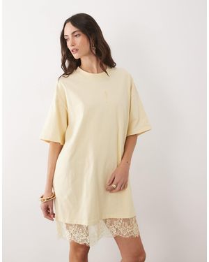 ASOS Oversized Mini Dress With Lace Hem Trim - Natural