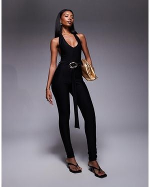 Public Desire Plunge Neck Belted Slinky Jumpsuit - Blue