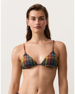 Oysho Top Bikini A Triangolo Testurizzato Blu E A Quadri - Nero
