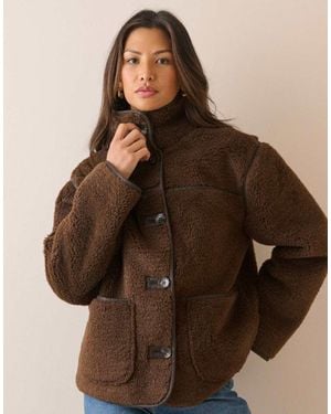 Nobody's Child Funnel Neck Faux Shearling Coat - Brown