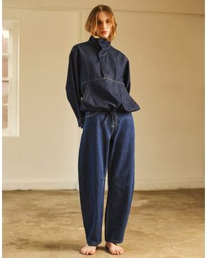 TOPSHOP Denim Bubble Hem Top With Funnel Neck - Blue