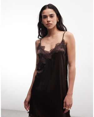 Noisy May Satin Asym Lace Hem Midi Slip Dress - Black