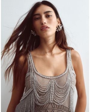 ARRANGE Vintage Inspired Embellished Fringe Tank Top - Gray