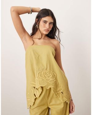 ARRANGE Cotton Embroidered Floral Cutwork Longline Bandeau Top Co-ord - Yellow