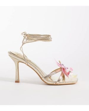 Kaiia Exclusive 00S Strappy Lace Up Diamante Orchid Floral Kitten Heel Sandals - White
